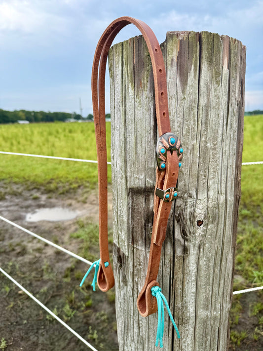 Harness Leather Split Ear Headstall Turquoise Feather Buckle Set
