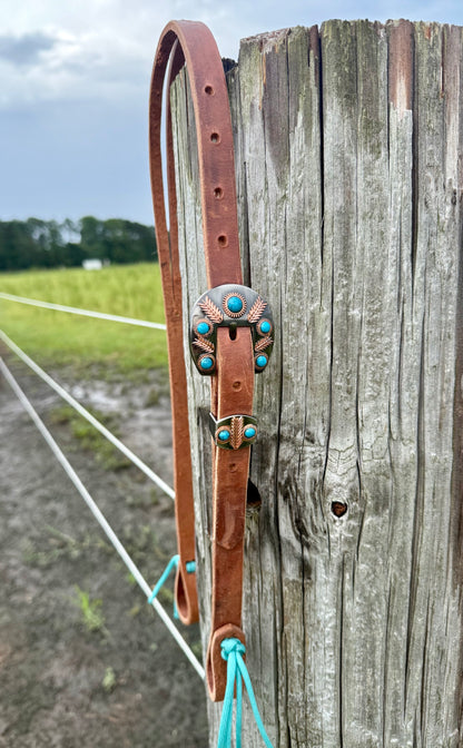 Harness Leather Split Ear Headstall Turquoise Feather Buckle Set